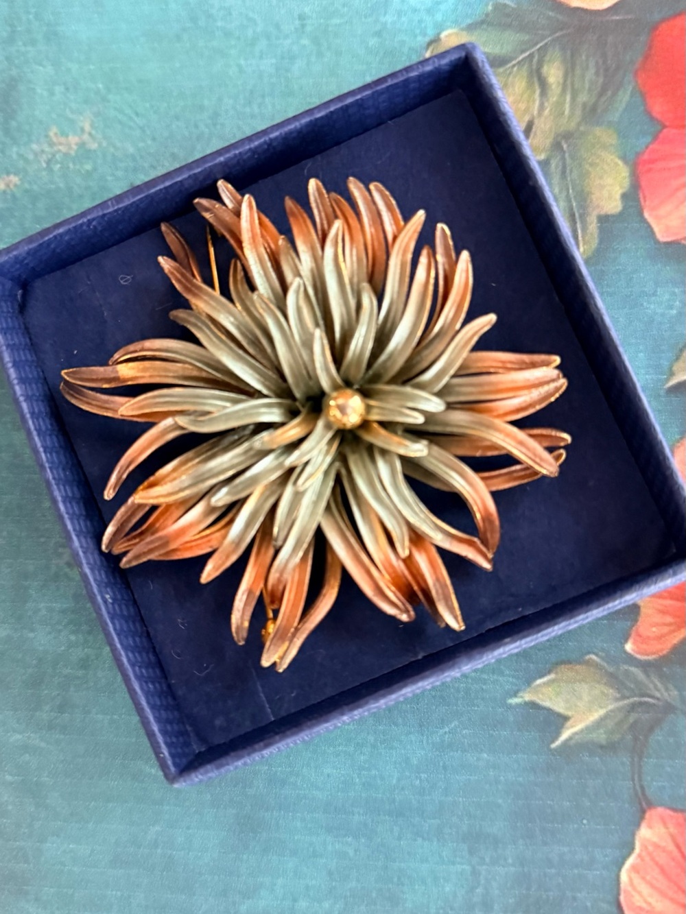Gold and Green Floral Metal Accent Brooch